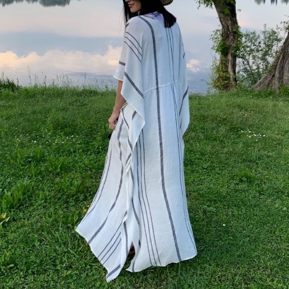Lovestitch White Beige Stripe Open Tie Front Flowy Maxi Caftan Coverup Kimono - Picture 1 of 12